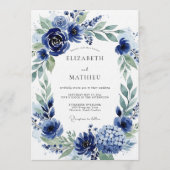 Navy Botanical Bloom Wedding Kaart (Voorkant)