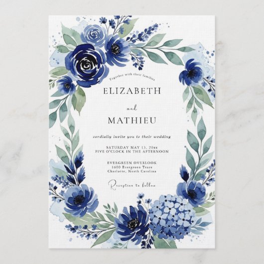 Navy Botanical Bloom Wedding Kaart (Voorkant)