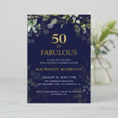Navy Botanical Fifty and Fabulous Birthday Party Folie Uitnodiging (Staand Voorkant)