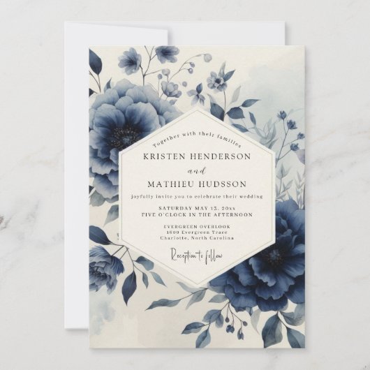 Navy Botanical Moody Wedding Kaart (Voorkant)