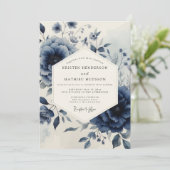 Navy Botanical Moody Wedding Kaart (Staand voorkant)