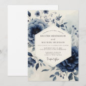 Navy Botanical Moody Wedding Kaart (Voorkant / Achterkant)