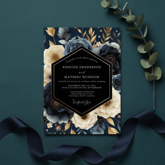 Navy Botanical Opulent Wedding Kaart