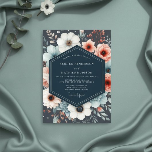 Navy Botanical Romance Wedding Kaart