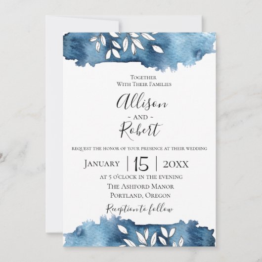 Navy Botanical Wedding Invitation Kaart (Voorkant)