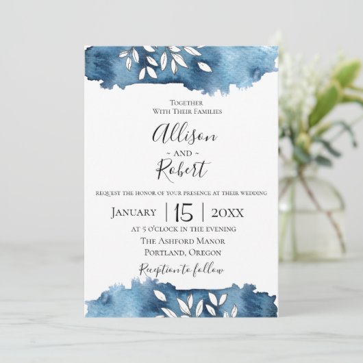 Navy Botanical Wedding Invitation Kaart (Staand voorkant)