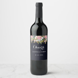 Navy Botanische Proost Bruiloft Wijn Label Etiket