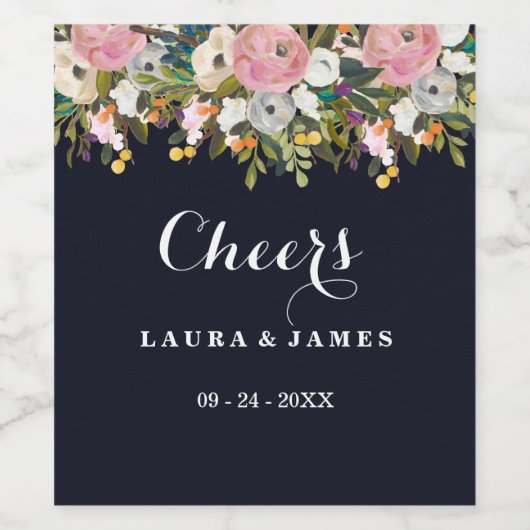 Navy Botanische Proost Bruiloft Wijn Label Wijn Etiket (Enkel label)