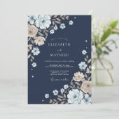 Navy Botanische Whimsy Bruiloft Kaart (Staand voorkant)