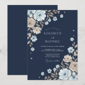 Navy Botanische Whimsy Bruiloft Kaart (Voorkant / Achterkant)
