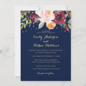 Navy Bourgogne Bloemen Glitter Huwelijksuitnodigin Kaart (Voorkant)