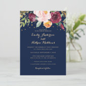 Navy Bourgogne Bloemen Glitter Huwelijksuitnodigin Kaart (Staand voorkant)