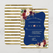 Navy Bourgogne Bloemen Gouden Glitter Stripes RSVP (Voorkant / Achterkant)