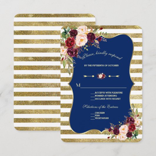 Navy Bourgogne Bloemen Gouden Glitter Stripes RSVP (Voorkant / Achterkant)