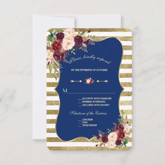 Navy Bourgogne Bloemen Gouden Glitter Stripes RSVP (Voorkant)