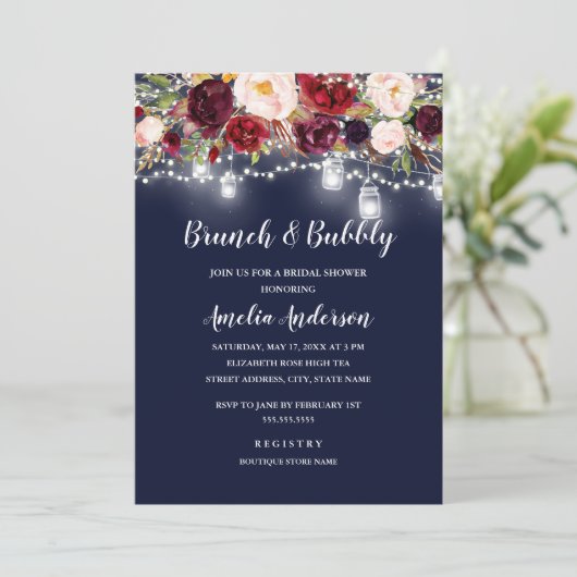 Navy Bourgogne Bloemen Lights Brunch en Bubble Kaart (Staand voorkant)