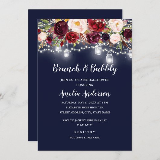 Navy Bourgogne Bloemen Lights Brunch en Bubble Kaart (Voorkant / Achterkant)