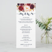 Navy Bourgogne Bloemenbruiloft Menu Kaart (Staand voorkant)