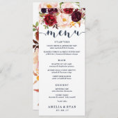 Navy Bourgogne Bloemenbruiloft Menu Kaart (Voorkant / Achterkant)