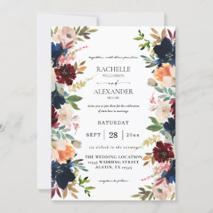 Navy, Bourgogne, Blush Pink & Peach Floral Wedding Kaart