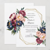 Navy Bourgogne Blush Roze Pioen Trouwdouche Kaart (Voorkant / Achterkant)