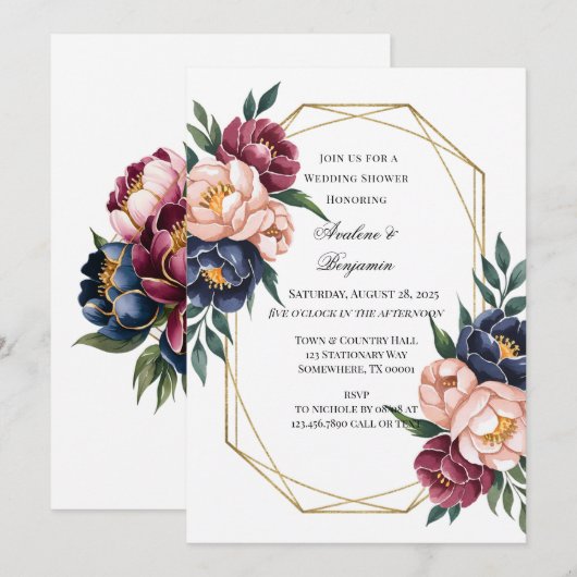 Navy Bourgogne Blush Roze Pioen Trouwdouche Kaart (Voorkant / Achterkant)