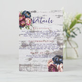 Navy Bourgogne Blush Roze Pioenbruiloft Details Kaart (Staand voorkant)