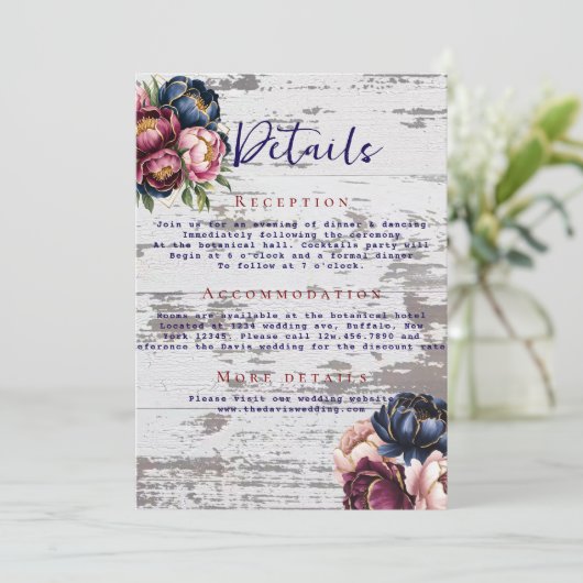 Navy Bourgogne Blush Roze Pioenbruiloft Details Kaart (Staand voorkant)