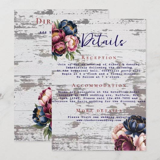 Navy Bourgogne Blush Roze Pioenbruiloft Details Kaart (Voorkant / Achterkant)