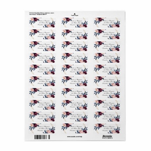 Navy Bourgogne Blush Roze Pioenbruiloft Etiket (Full Sheet)