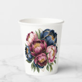 Navy Bourgogne Blush Roze Pioenbruiloft Papieren Bekers (Achterkant)