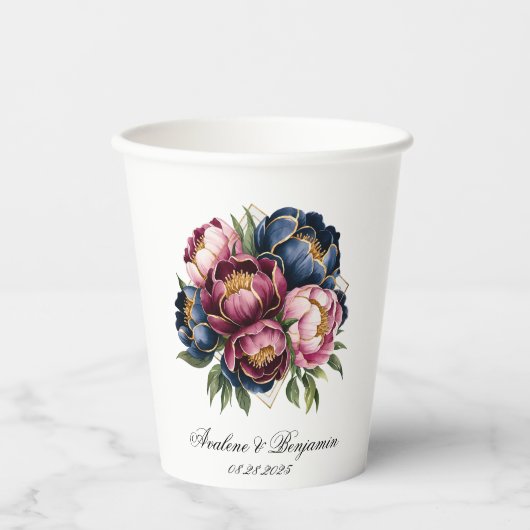 Navy Bourgogne Blush Roze Pioenbruiloft Papieren Bekers (Voorkant)