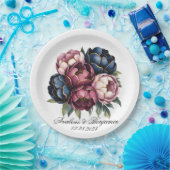 Navy Bourgogne Blush Roze Pioenbruiloft Papieren Bordje (Feest)