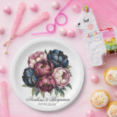 Navy Bourgogne Blush Roze Pioenbruiloft Papieren Bordje (Feest)