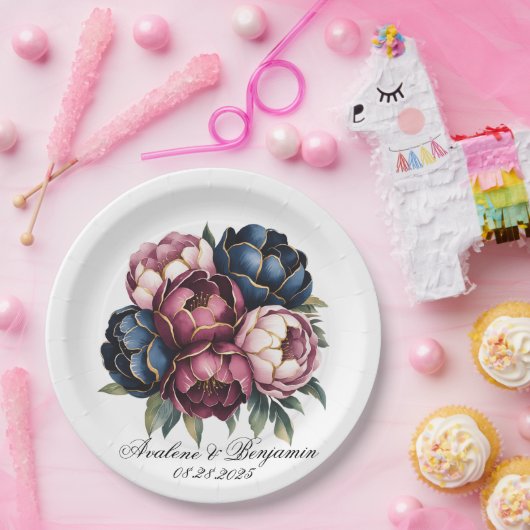 Navy Bourgogne Blush Roze Pioenbruiloft Papieren Bordje (Feest)