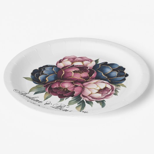 Navy Bourgogne Blush Roze Pioenbruiloft Papieren Bordje (Gekanteld)