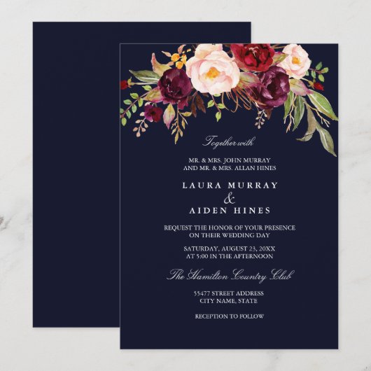 Navy Bourgogne Blush Waterverf Bloemen Huwelijk Kaart (Voorkant / Achterkant)