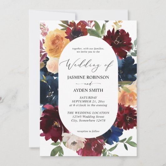 Navy, Bourgogne, BlushPink & Peach Floral 2 Wedden Kaart (Voorkant)