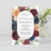 Navy, Bourgogne, BlushPink & Peach Floral 2 Wedden Kaart (Staand voorkant)