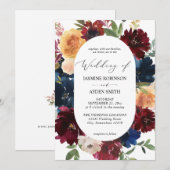 Navy, Bourgogne, BlushPink & Peach Floral 2 Wedden Kaart (Voorkant / Achterkant)