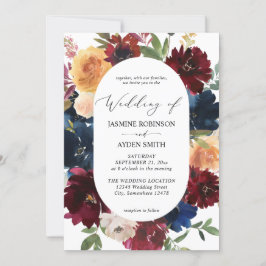 Navy, Bourgogne, BlushPink & Peach Floral 2 Wedden Kaart