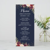 Navy Bourgogne Goud Confetti Bloemen Bruiloft Menu (Staand voorkant)