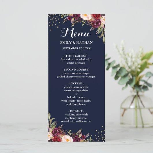 Navy Bourgogne Goud Confetti Bloemen Bruiloft Menu (Staand voorkant)