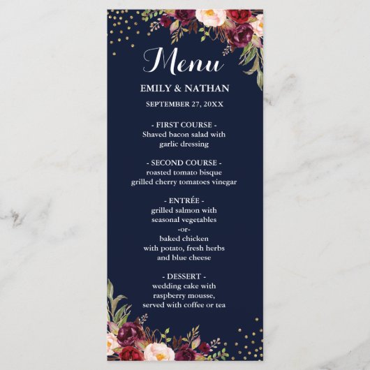 Navy Bourgogne Goud Confetti Bloemen Bruiloft Menu (Voorkant)