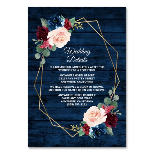 Navy Bourgogne Goud Roze Bruiloft Behuizing Kaarte Kaart (Voorkant)