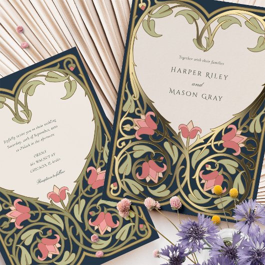 Navy Bourgogne Nouveau Liefde Hart Bruiloft Folie Uitnodiging