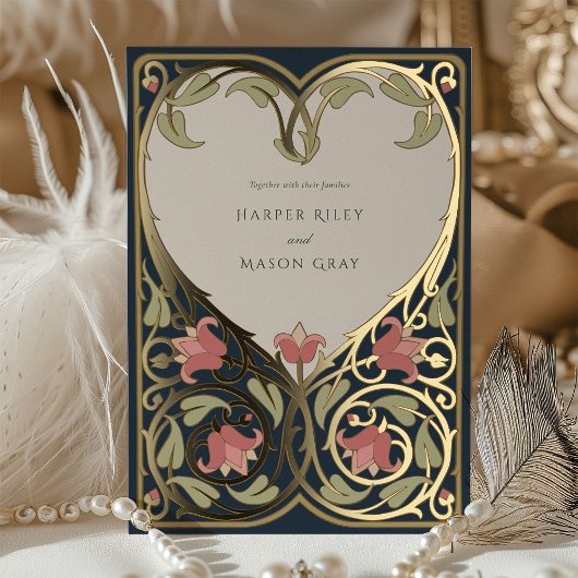 Navy Bourgogne Nouveau Liefde Hart Bruiloft Folie Uitnodiging