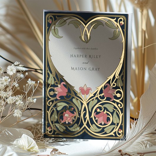 Navy Bourgogne Nouveau Liefde Hart Bruiloft Folie Uitnodiging