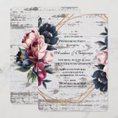 Navy Bourgogne Pink Peony Wood Engagement Party Kaart (Voorkant / Achterkant)