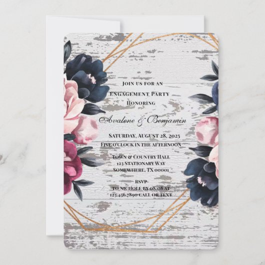 Navy Bourgogne Pink Peony Wood Engagement Party Kaart (Voorkant)